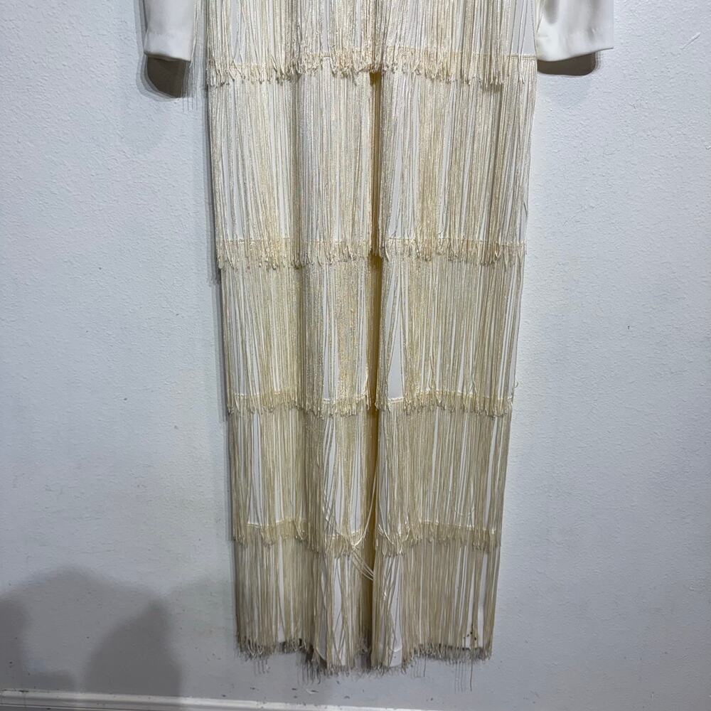 White Vintage Fringe Long Sleeve Maxi Dress Sz M - Picture 9 of 13